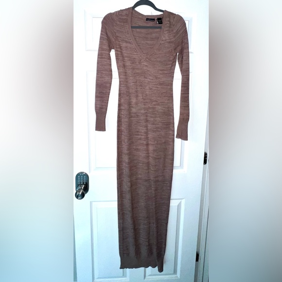 Long V-Neck Knit Maxi Sweater Dress in soft rose-pink. - Picture 2 of 5